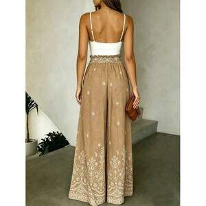 Holidaya Women's Summer Boho Embroidered Linen Wide-Leg Pants, High-Waiste